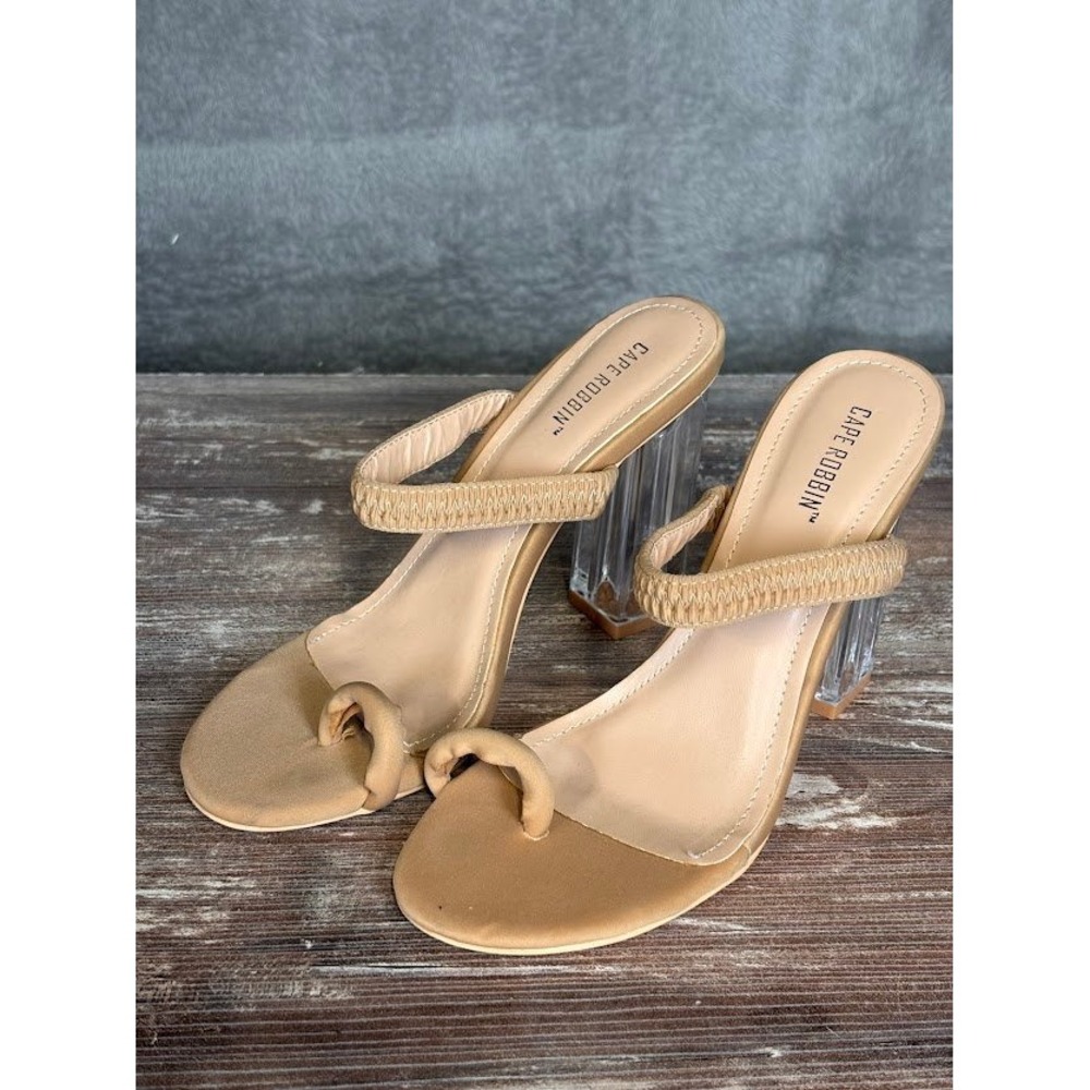 Cape Robbin Macaroon Clear Block Heel Mules Tan Sandals Sz 6.5